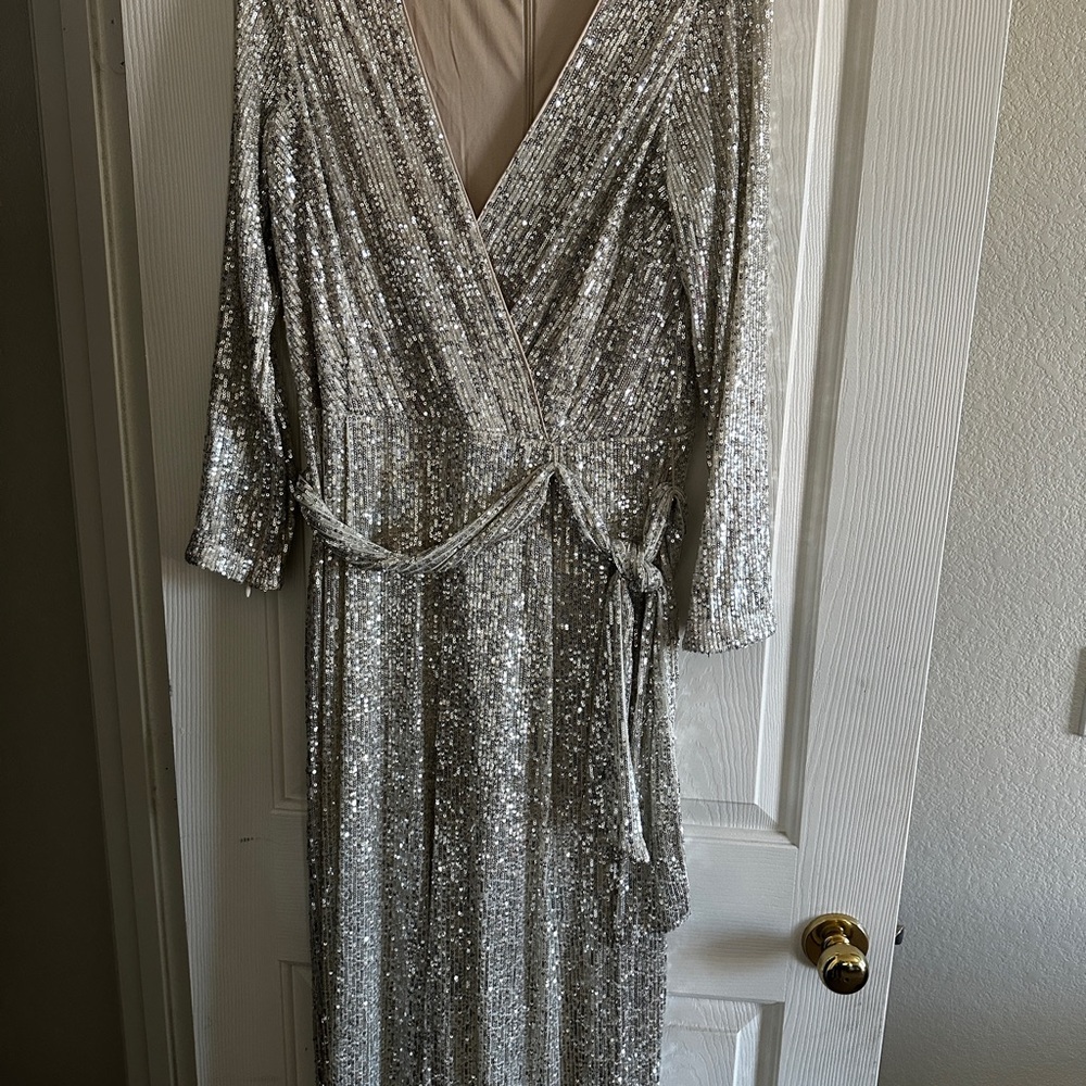 Eliza J Silver Sequin Wrap Jumpsuit